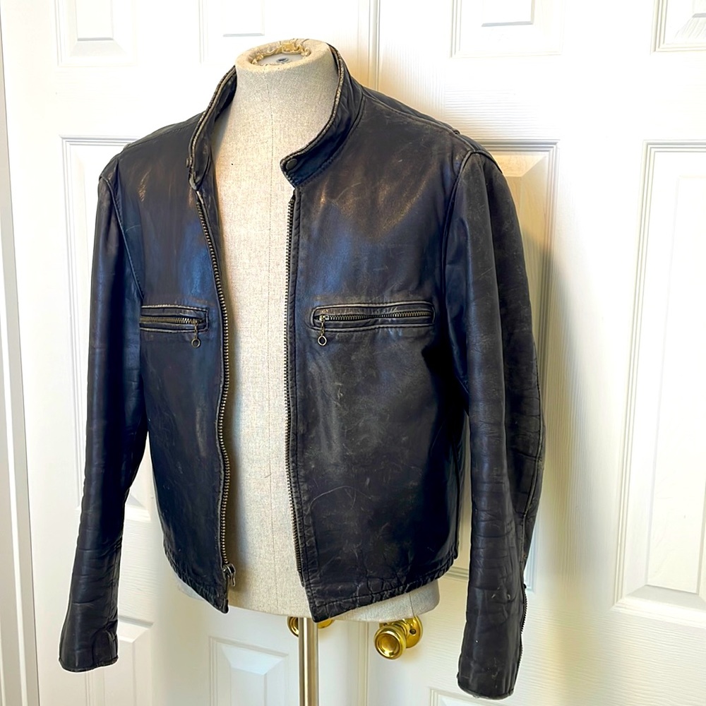 1960s Leather Cafe Racer jacket. Real weathering and bada$$ looks. Size XL 44R